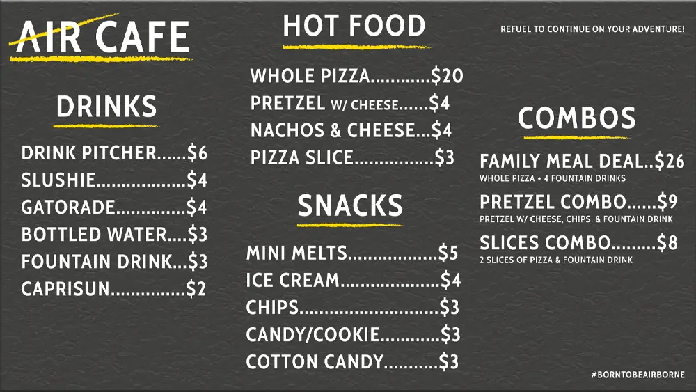 Image of the Kalamazoo Air Café Menu at Airborne Adventure.